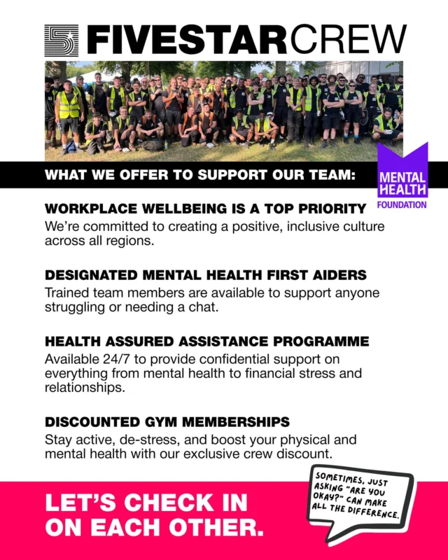 At Five Star Crew, we believe that mental health matters every day, not just this week. Here's what we offer to support our team.
.
#fivestarcrew #teamwork