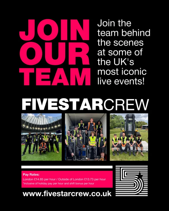 Want a job that fits around your life and gets you right into the action?
Join Five Star Crew and work behind the scenes at the UK’s biggest festivals, gigs, sports events and more. Flexible shifts, great people and unforgettable experiences.
Head to the link in the bio to find out more 🔝

#FiveStarCrew #EventJobs #FestivalWork #JoinTheTeam #BehindTheScenes #crewcompany #wemakeevents #events #eventindustry #eventprofs #crewing